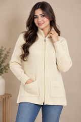 RESERVED LABELS Women Cream Ribbed Zip-Up Knitted Cardigan