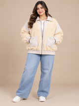 RESERVED LABELS Women Cream Sherpa Fleece Zip-Up Jacket