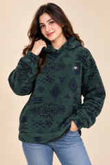 ReServed Labels Women Green Geometric Fleece Hooded Pullover