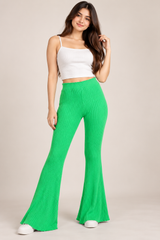 RESERVED LABELS Women Green Ribbed Flared Trousers