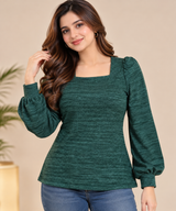 RESERVED LABELS Women Green Square Neck Puff Sleeve Top