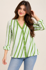 RESERVED LABELS Women Green & White Striped Button-Up Blouse