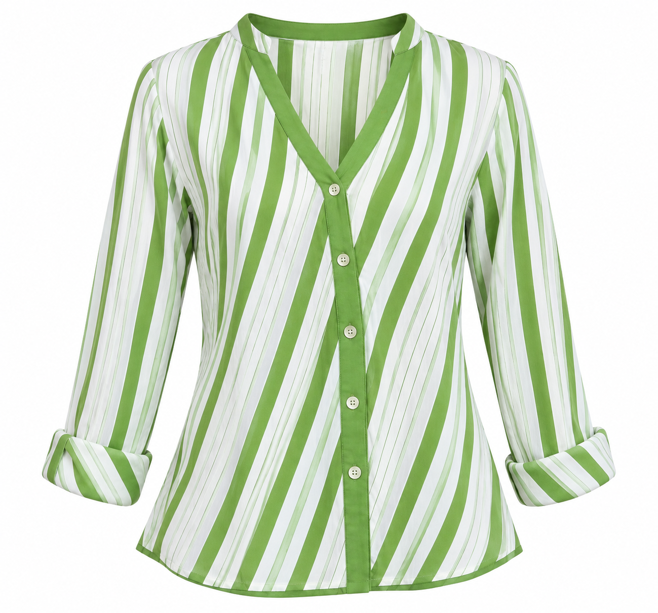 RESERVED LABELS Women’s Green & White Striped Button-Up Blouse in UK Size M. Stylish V-neck design with long sleeves and a relaxed fit.