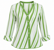 RESERVED LABELS Women’s Green & White Striped Button-Up Blouse in UK Size M. Stylish V-neck design with long sleeves and a relaxed fit.
