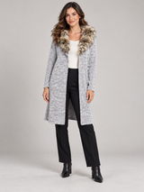 ReServed LABELS Women Grey Faux Fur Trim Long Cardigan