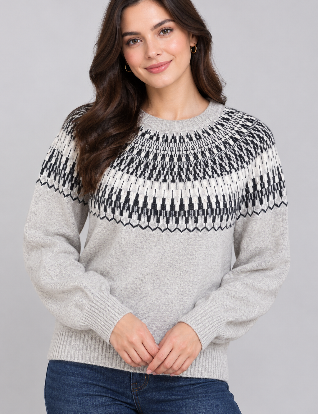  ReServed LABELS women's grey Nordic Fair Isle knit jumper in UK Size M. Featuring a stylish black and white pattern, crew neck and long sleeves.