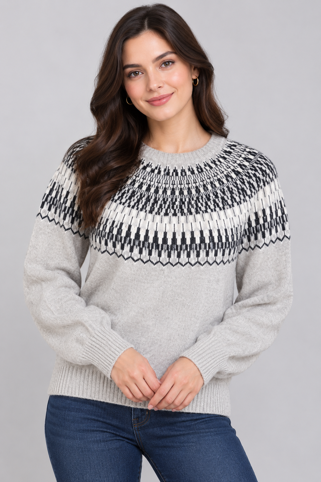  ReServed LABELS women's grey Nordic Fair Isle knit jumper in UK Size M. Featuring a stylish black and white pattern, crew neck and long sleeves.
