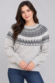  ReServed LABELS women's grey Nordic Fair Isle knit jumper in UK Size M. Featuring a stylish black and white pattern, crew neck and long sleeves.