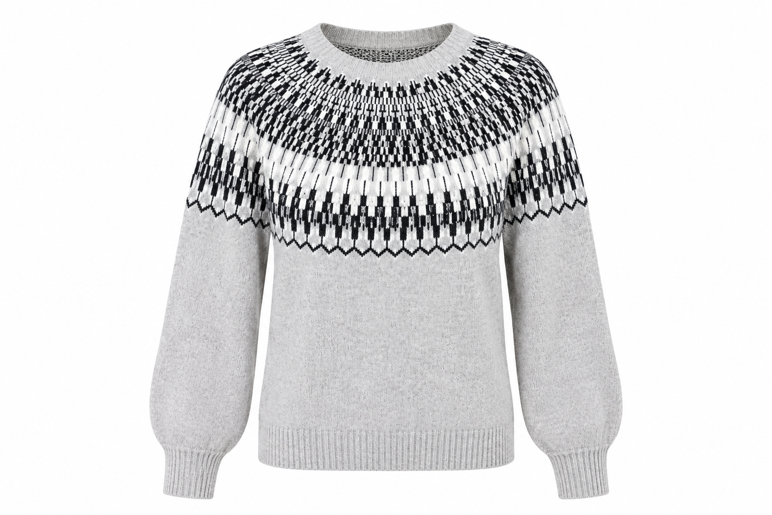  ReServed LABELS women's grey Nordic Fair Isle knit jumper in UK Size M. Featuring a stylish black and white pattern, crew neck and long sleeves.