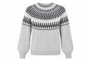  ReServed LABELS women's grey Nordic Fair Isle knit jumper in UK Size M. Featuring a stylish black and white pattern, crew neck and long sleeves.