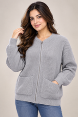 ReServed LABELS Women Grey Ribbed Knit Zip-Up Cardigan with Pockets