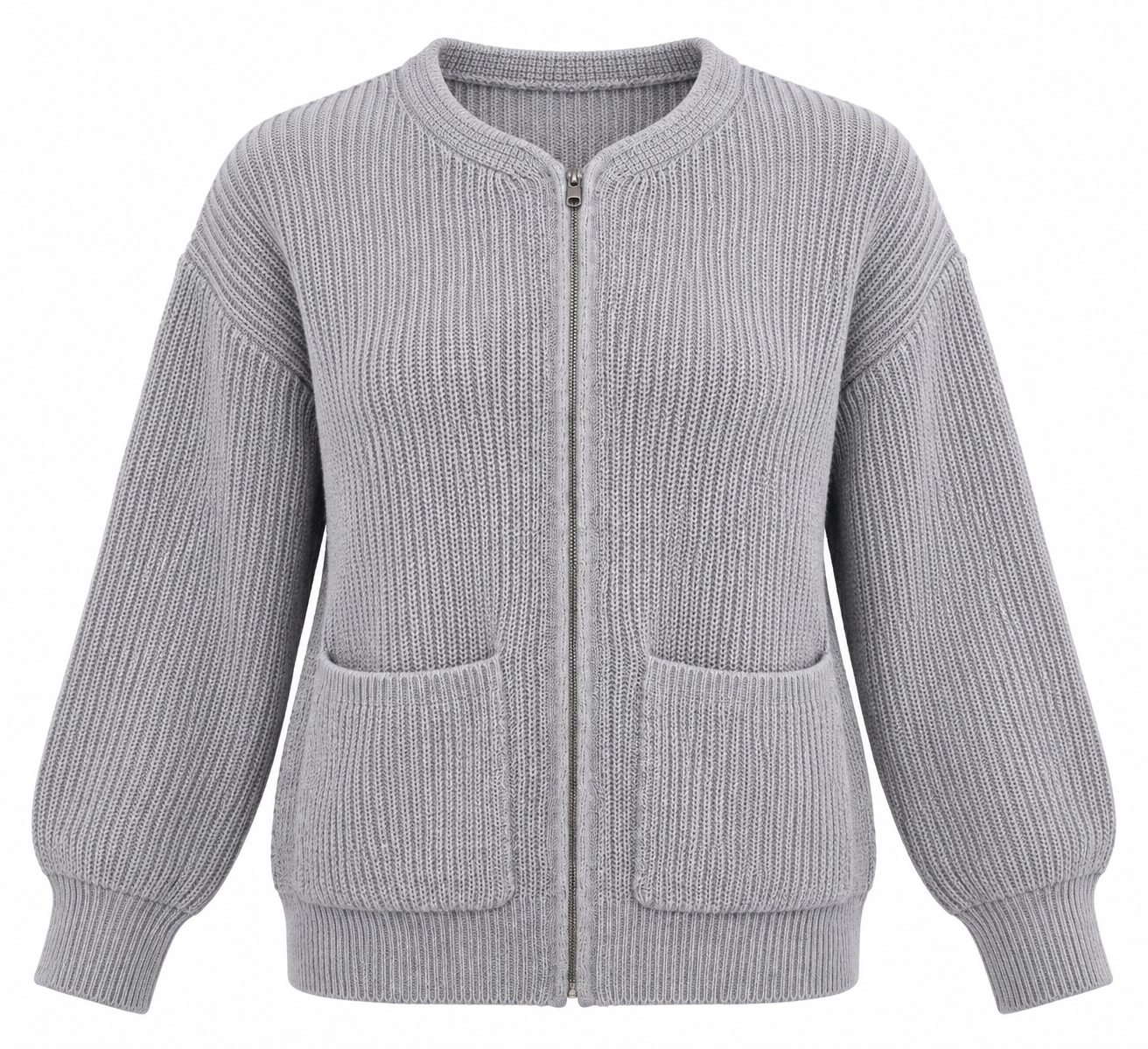   ReServed LABELS women’s grey ribbed knit zip-up cardigan in UK Size L, featuring long sleeves, front pockets and a comfortable relaxed fit.