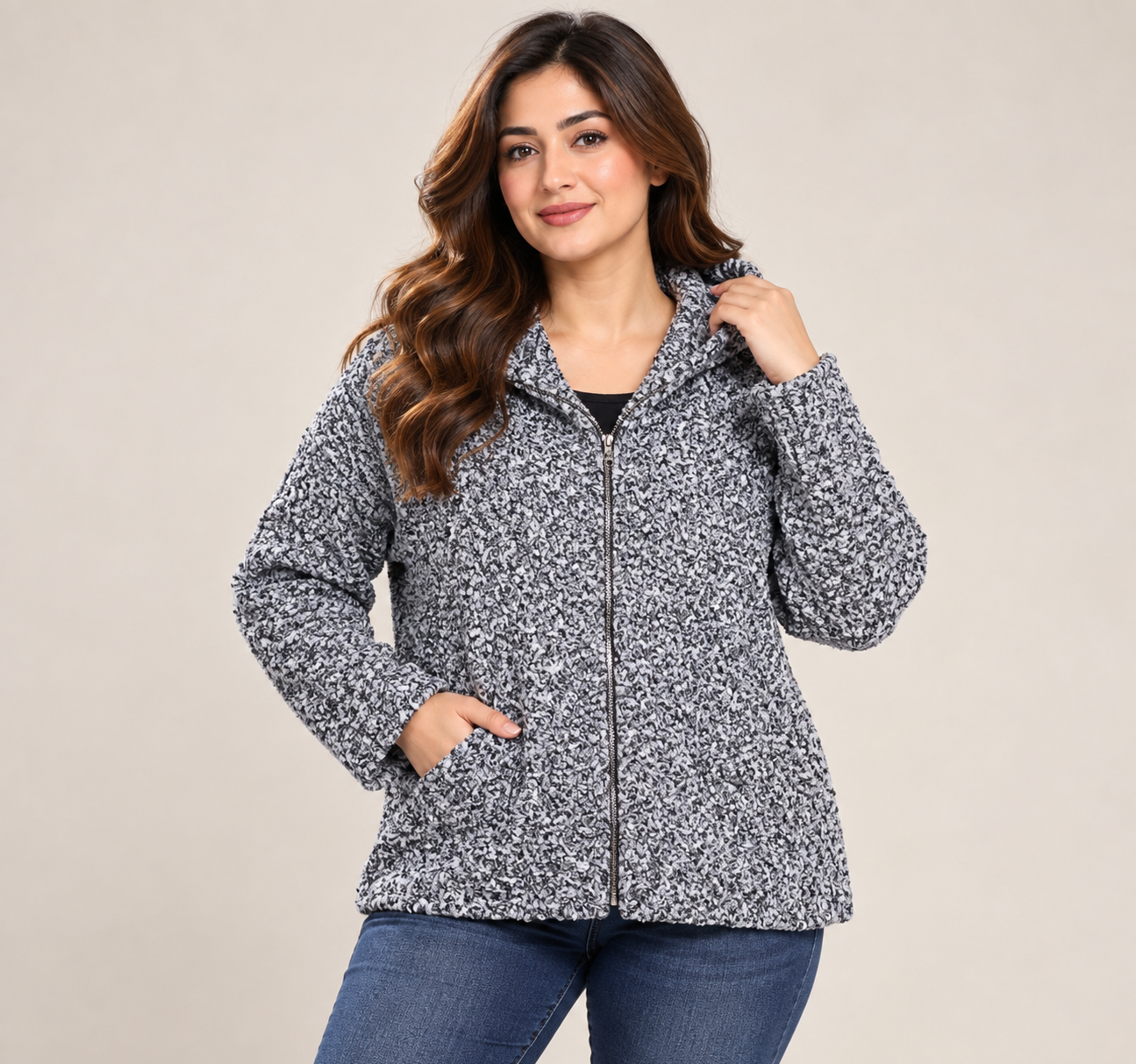  ReServed LABELS women’s grey textured hooded zip jacket in UK Size XL. Cosy long-sleeve design perfect for casual autumn and winter wear.