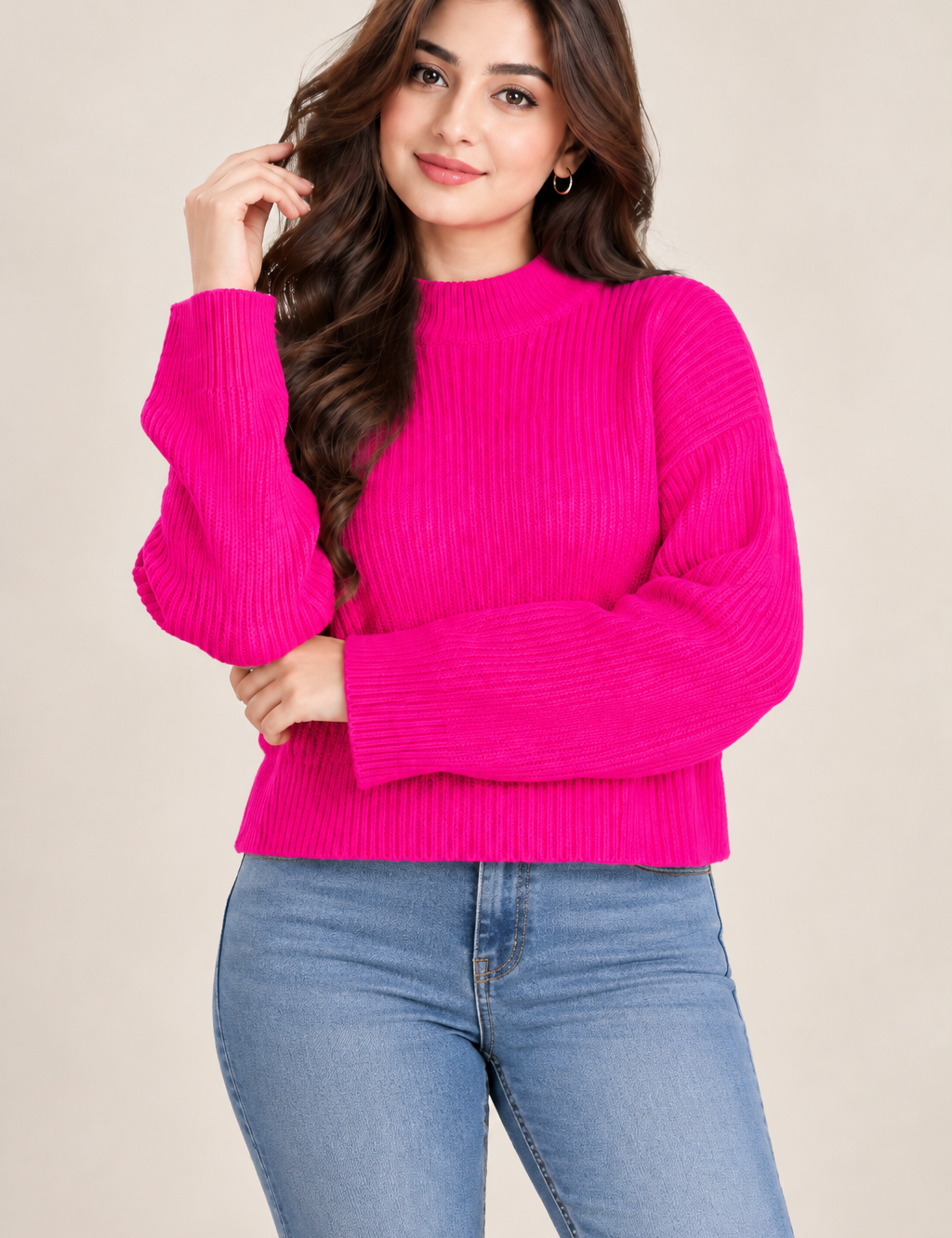 RESERVED LABELS women’s hot pink ribbed knit sweater in UK Size XL. Stylish long-sleeve jumper with a comfortable fit, perfect for casual wear.