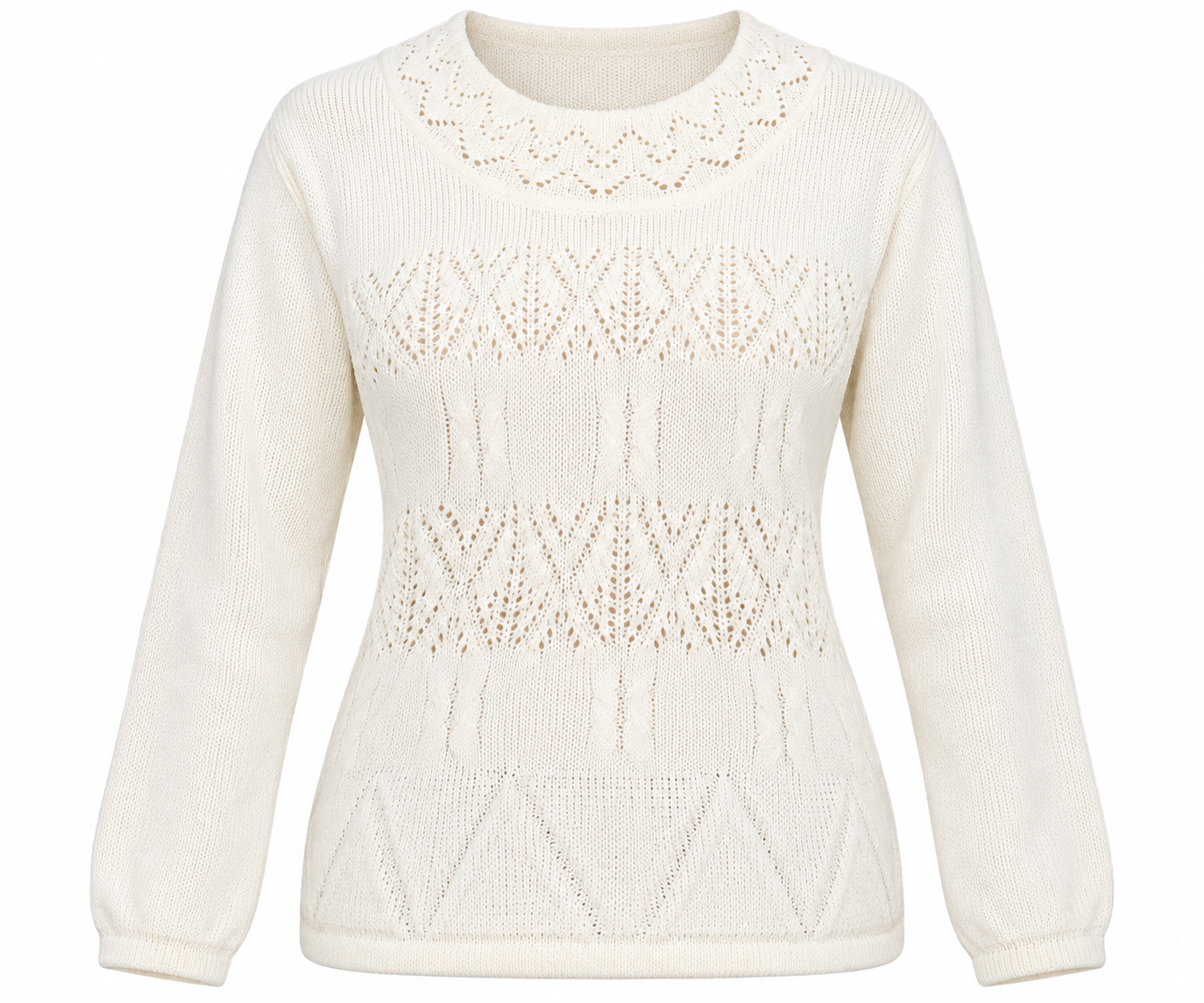  ReServed LABELS Women’s Ivory Lace Knit Jumper in UK Size L. Elegant openwork detailing, long sleeves and a comfortable feminine fit.