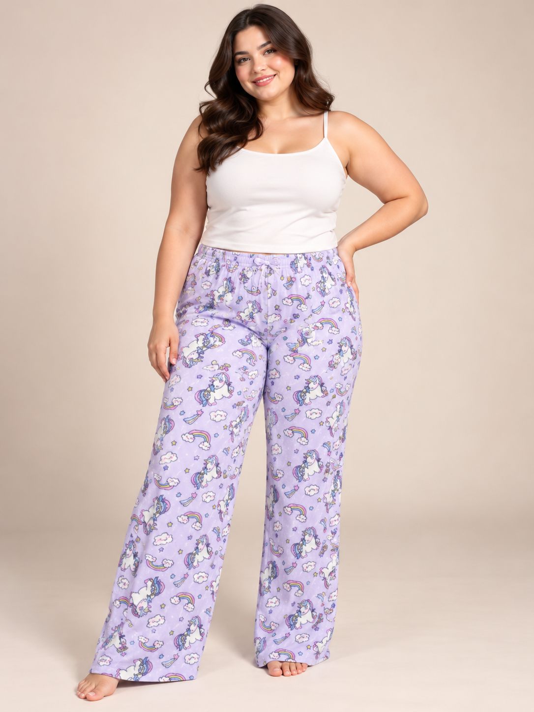 RESERVED LABELS Women's Lavender Unicorn Print Pyjama Bottoms in UK 3XL. Waist 44", Length 39". Cute, cosy wide-leg plus-size nightwear.
