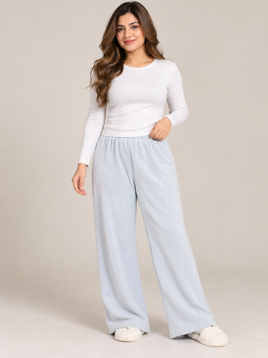 ReServed LABELS women's light blue fleece wide leg trousers in UK size L, waist 28 inches. Soft, cozy, elasticated waist and pocket-free design.