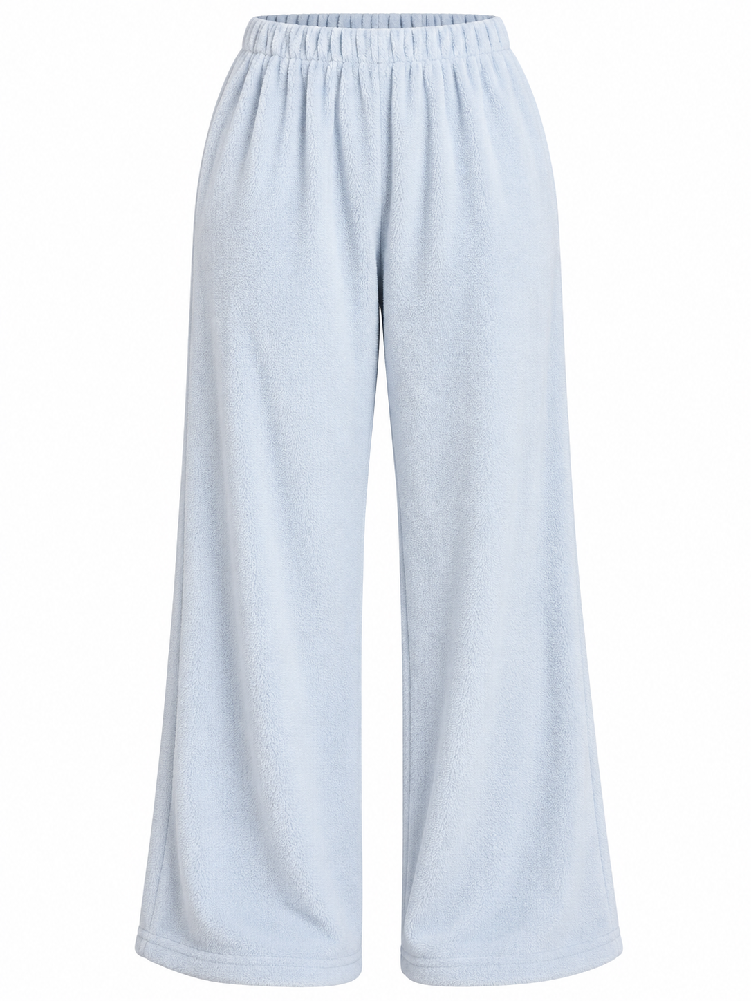 ReServed LABELS women's light blue fleece wide leg trousers in UK size L, waist 28 inches. Soft, cozy, elasticated waist and pocket-free design.