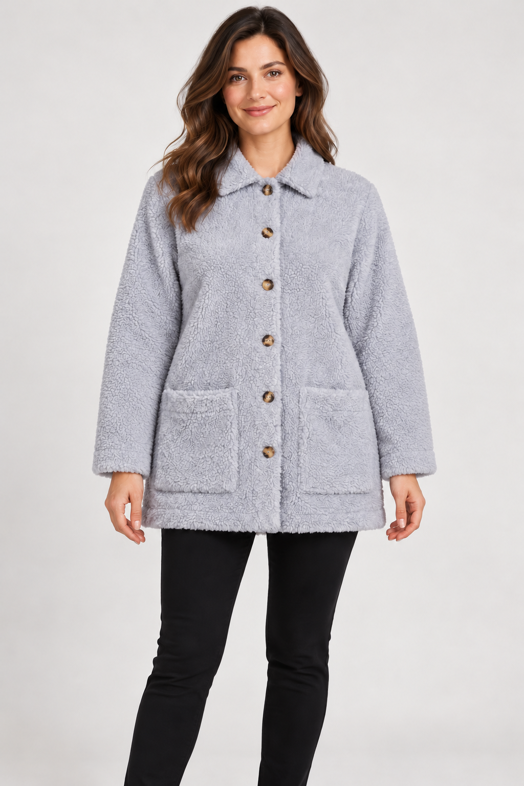   ReServed LABELS women’s light grey teddy fleece coat in UK 3XL, featuring long sleeves, a button front, classic collar and patch pockets.