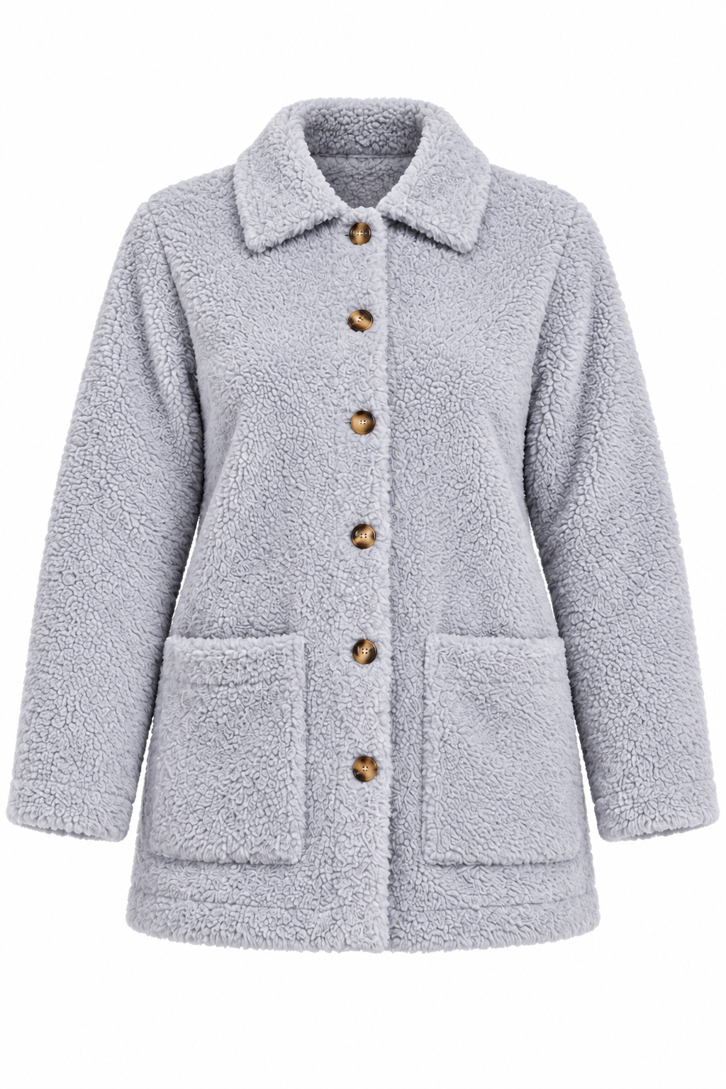   ReServed LABELS women’s light grey teddy fleece coat in UK 3XL, featuring long sleeves, a button front, classic collar and patch pockets.