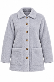   ReServed LABELS women’s light grey teddy fleece coat in UK 3XL, featuring long sleeves, a button front, classic collar and patch pockets.