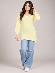 RESERVED LABELS Women's Light Yellow V-Neck Knitted Longline Jumper in UK Size M. Stylish balloon sleeves, soft knit texture and comfortable casual fit.