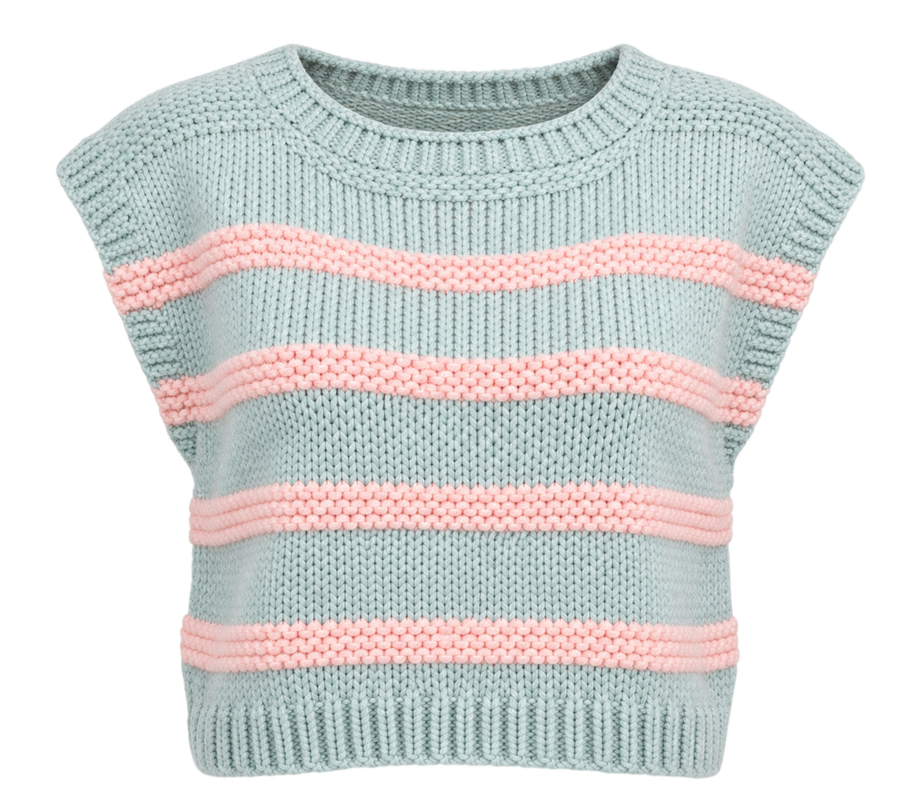 RESERVED LABELS Women's Mint Green & Pink Striped Cropped Knit Sweater in UK Size 3XL. Stylish round-neck knit top for casual everyday fashion.