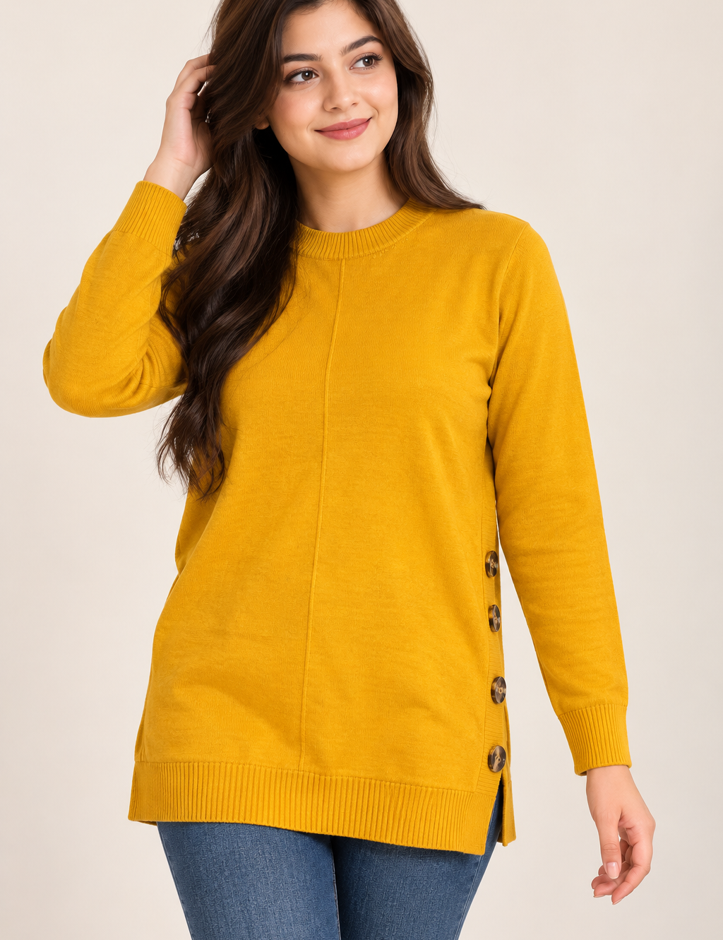 ReServed Labels women’s mustard yellow knit jumper in UK Size L. Stylish side-button detail, long sleeves and comfortable relaxed fit.