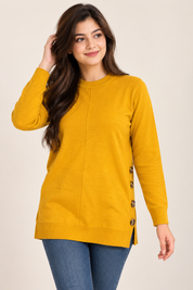 ReServed Labels women’s mustard yellow knit jumper in UK Size L. Stylish side-button detail, long sleeves and comfortable relaxed fit.
