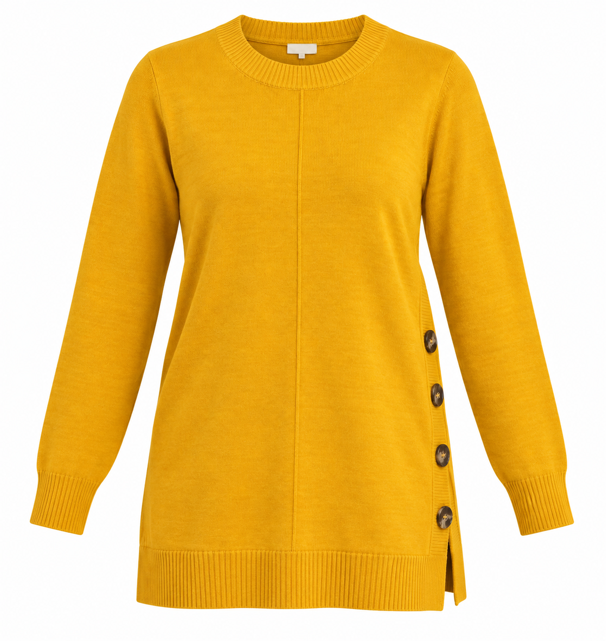 ReServed Labels women’s mustard yellow knit jumper in UK Size L. Stylish side-button detail, long sleeves and comfortable relaxed fit.