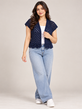 RESERVED LABELS Women Navy Blue Crochet Knit Short Sleeve Open Front Cardigan