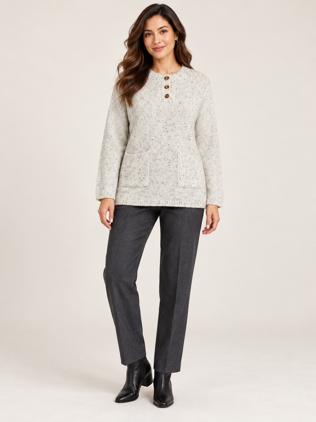   ReServed LABELS women’s oatmeal flecked knit jumper in UK L, featuring three-button neck detail, long sleeves and cable-knit front pockets.