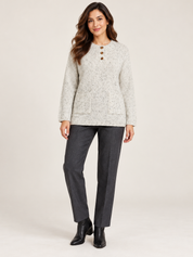   ReServed LABELS women’s oatmeal flecked knit jumper in UK L, featuring three-button neck detail, long sleeves and cable-knit front pockets.