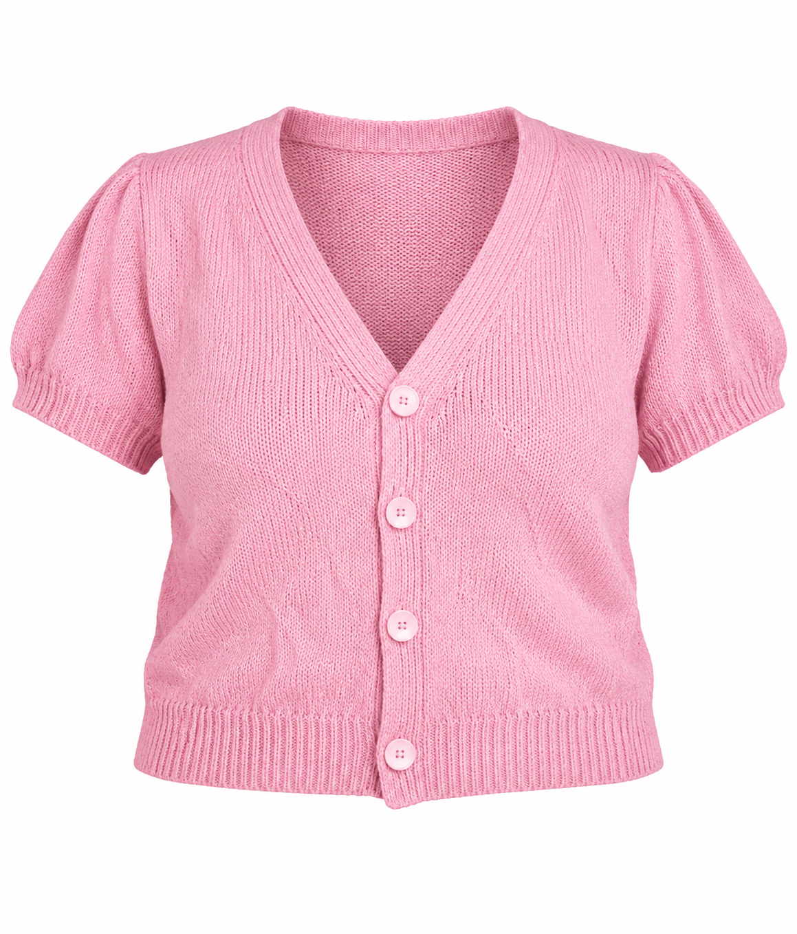 RESERVED LABELS women's pink knitted cardigan in UK 3XL. Short puff sleeves, V-neck, button front and cropped fit. Chest 22", length 21".