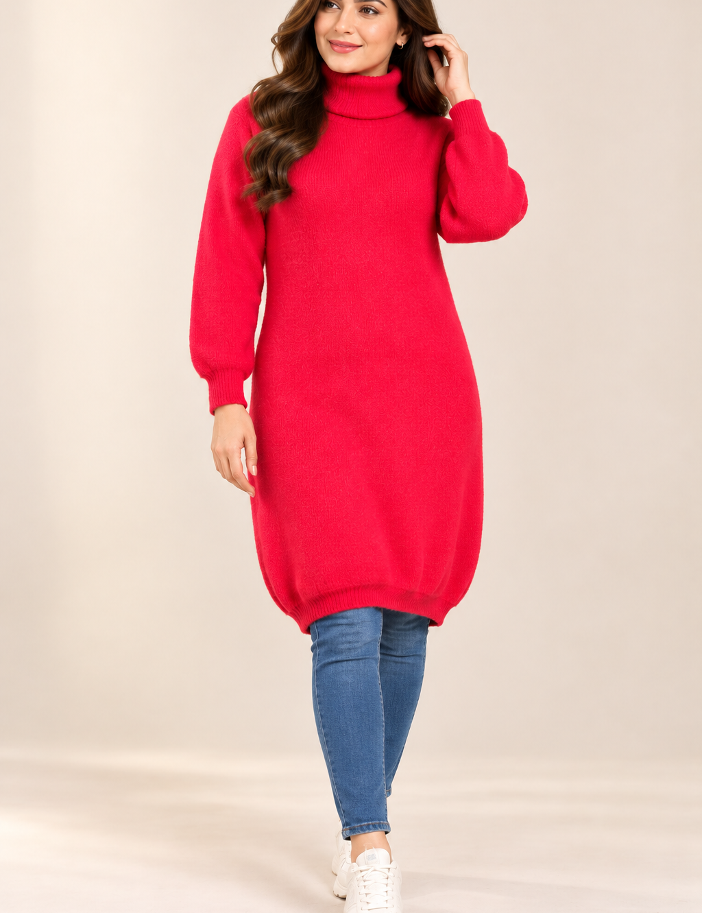  ReServed LABELS women’s red roll neck longline knit jumper in UK Size L. Cosy long sleeves, relaxed fit and stylish tunic length for winter wear.