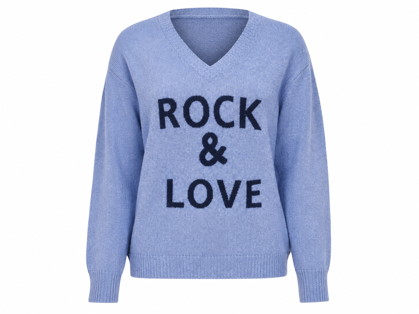   ReServed LABELS women’s blue “Rock & Love” V-neck knit jumper in UK size L. Stylish long-sleeve design with bold lettering and comfortable casual fit.