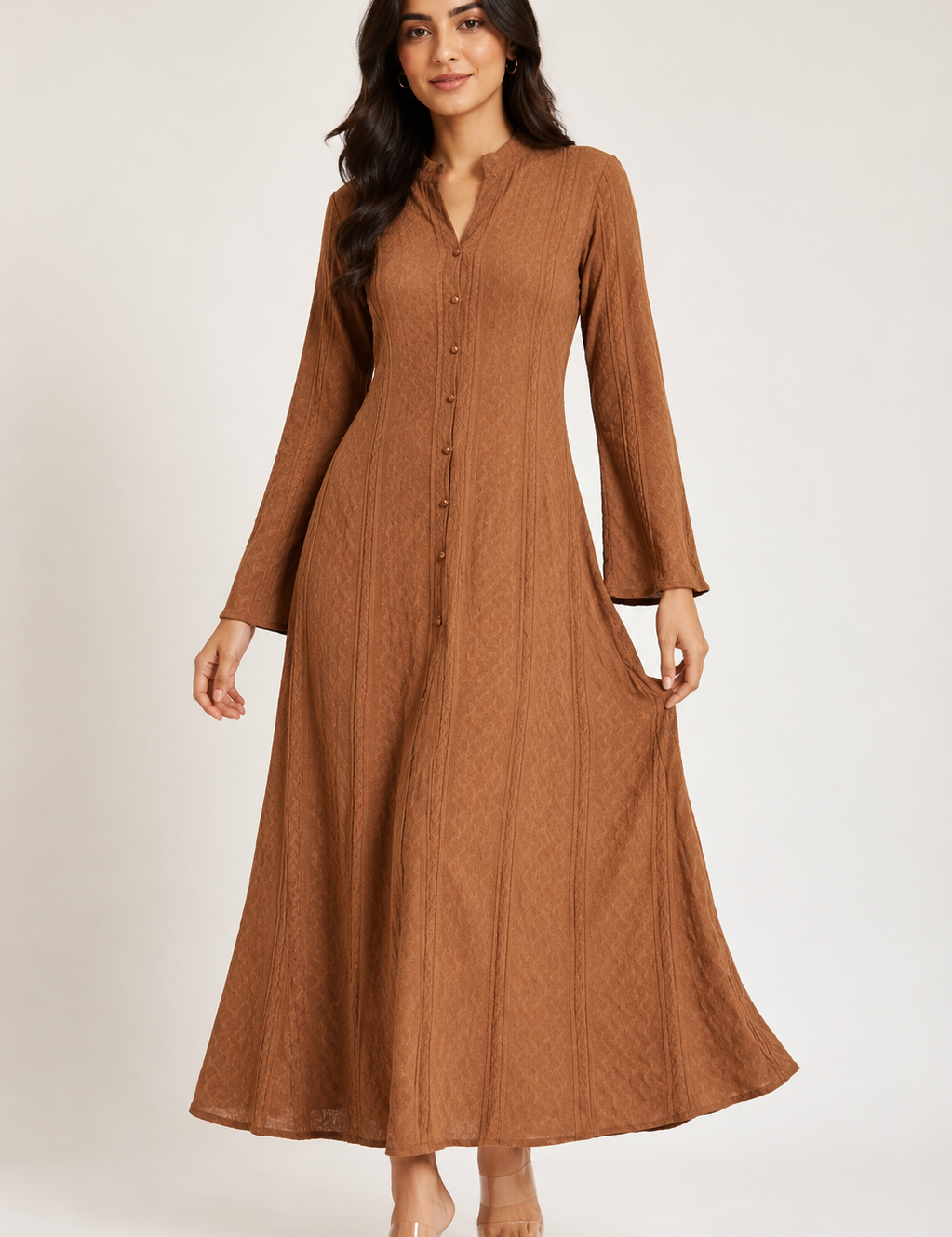  ReServed LABELS women’s brown textured maxi dress in UK size M. Elegant long-sleeve A-line design with button front and flowing silhouette.