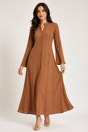  ReServed LABELS women’s brown textured maxi dress in UK size M. Elegant long-sleeve A-line design with button front and flowing silhouette.