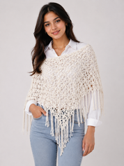  ReServed LABELS women’s cream crochet poncho, UK size L, featuring an elegant open-knit floral pattern and long fringe detailing.