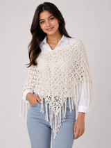 ReServed LABELS Womens Cream Crochet Poncho Shawl with Fringe