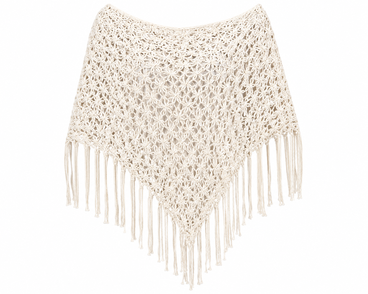  ReServed LABELS women’s cream crochet poncho, UK size L, featuring an elegant open-knit floral pattern and long fringe detailing.