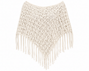  ReServed LABELS women’s cream crochet poncho, UK size L, featuring an elegant open-knit floral pattern and long fringe detailing.