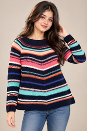  ReServed Labels Women's Multicolour Striped Knitted Jumper in Navy Blue, UK Size M. Stylish, cosy knitwear for casual autumn and winter outfits.