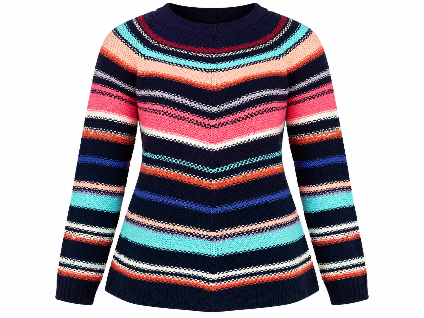  ReServed Labels Women's Multicolour Striped Knitted Jumper in Navy Blue, UK Size M. Stylish, cosy knitwear for casual autumn and winter outfits.