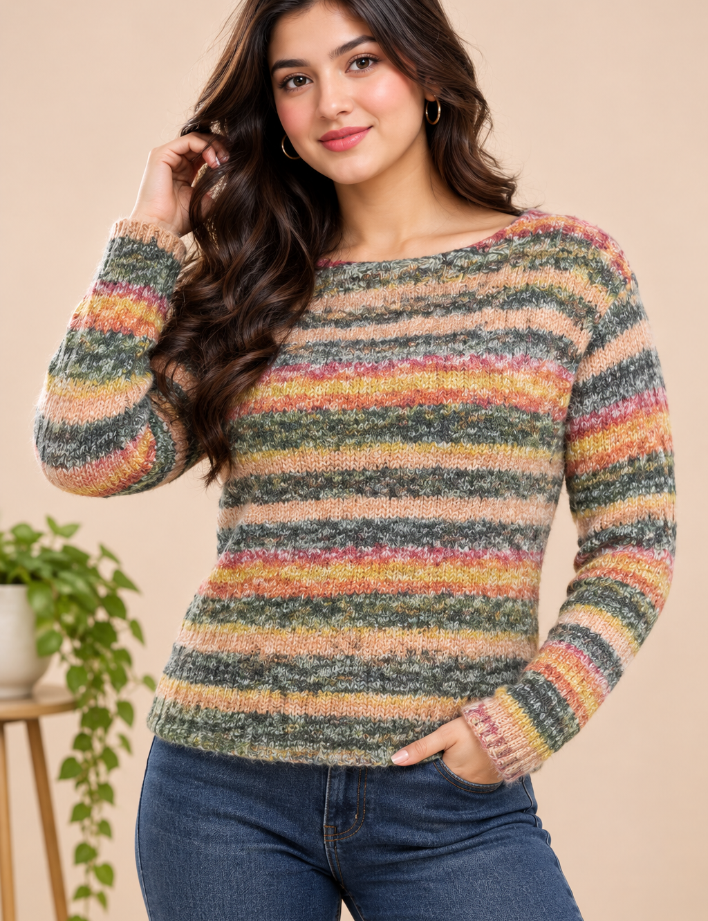  ReServed Labels women’s multicoloured striped knitted jumper in UK Size S. Cozy long-sleeve design with a stylish rounded hem, perfect for casual everyday outfits.