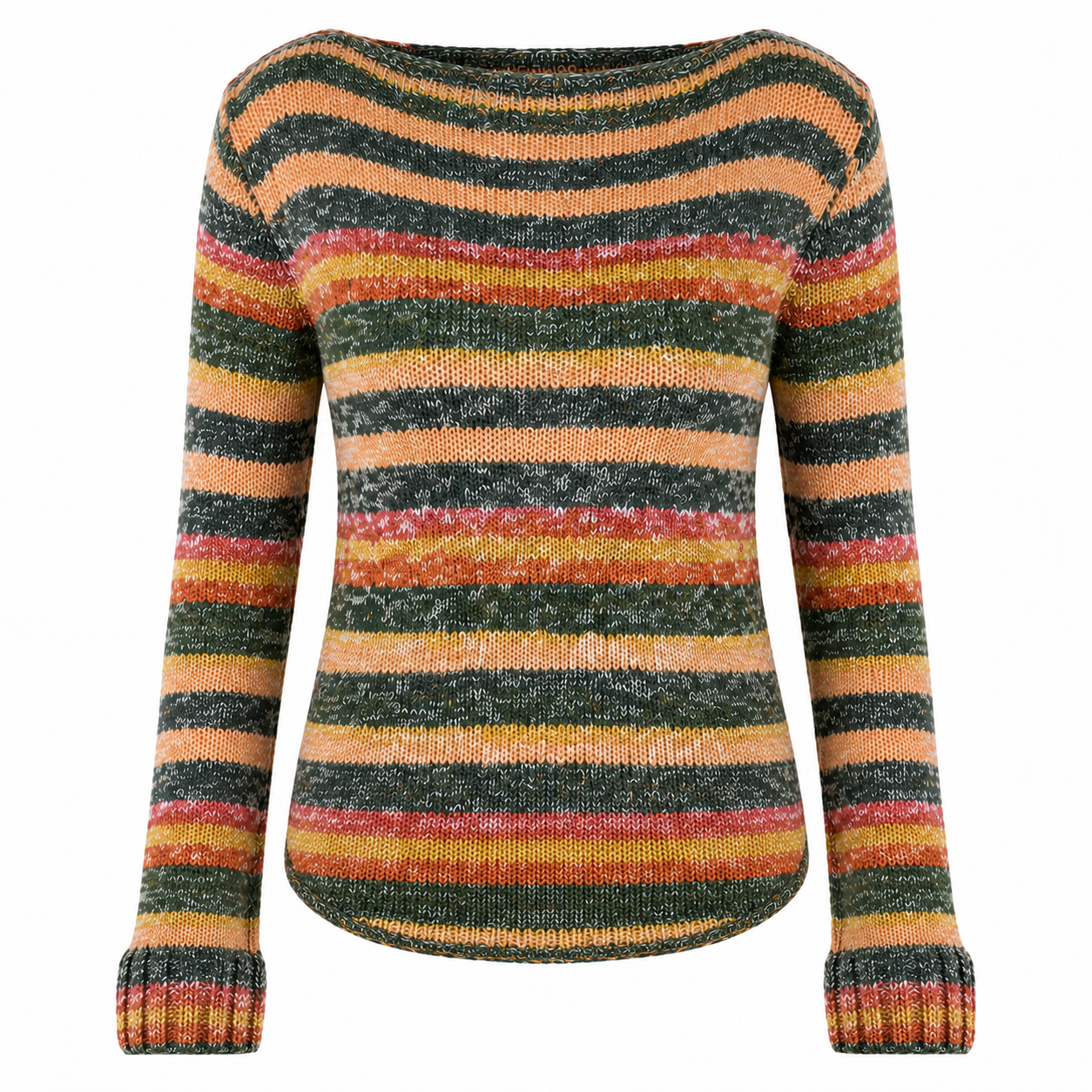 ReServed Labels women’s multicoloured striped knitted jumper in UK Size S. Cozy long-sleeve design with a stylish rounded hem, perfect for casual everyday outfits.