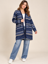 ReServed Labels Women's Navy Blue Geometric Print Open Front Long Cardigan
