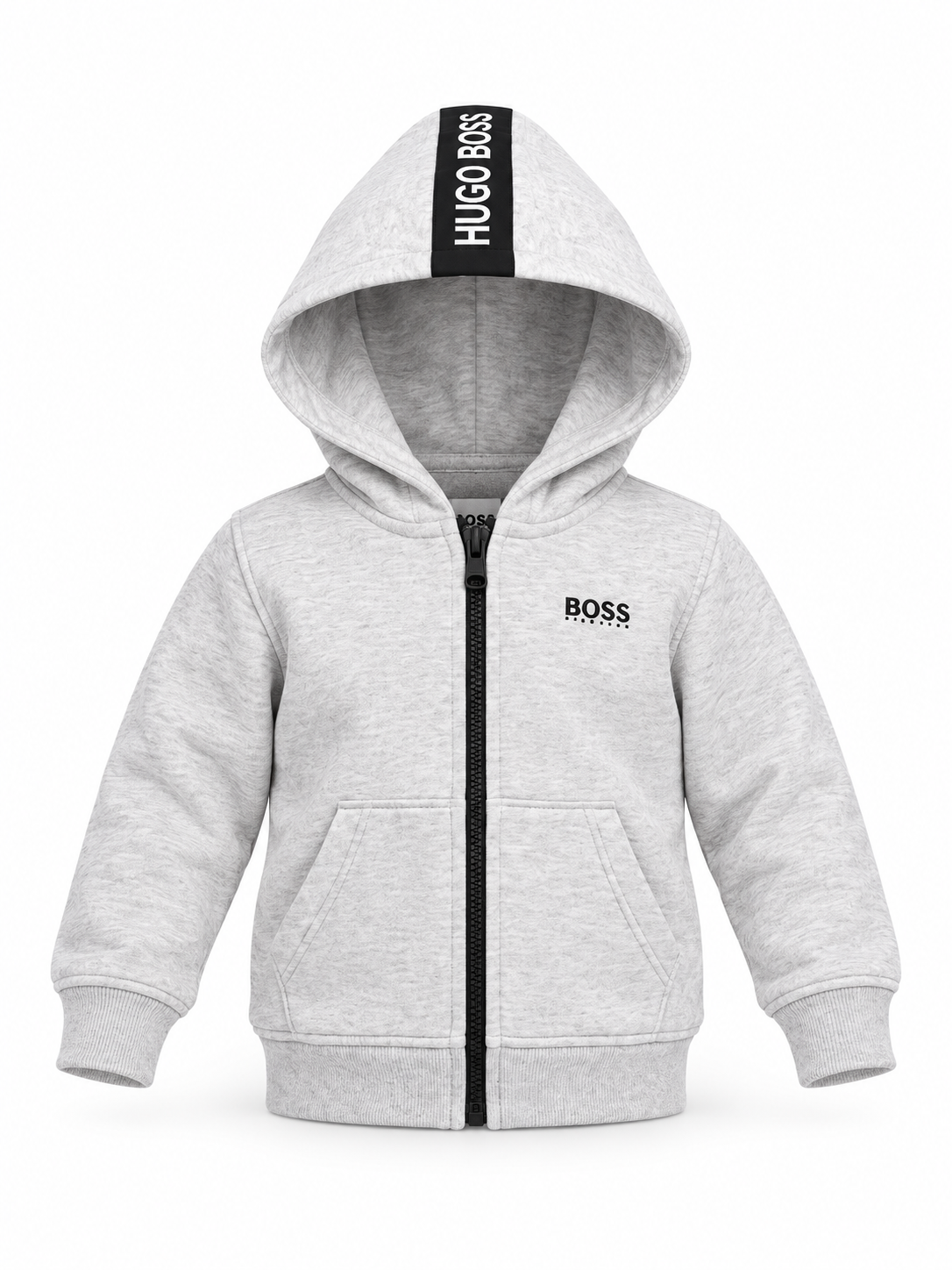  RESERVED LABLE boys’ grey marl zip-up hoodie in UK size 1–2 years, featuring front pockets, ribbed trims and a contrasting black hood strip.