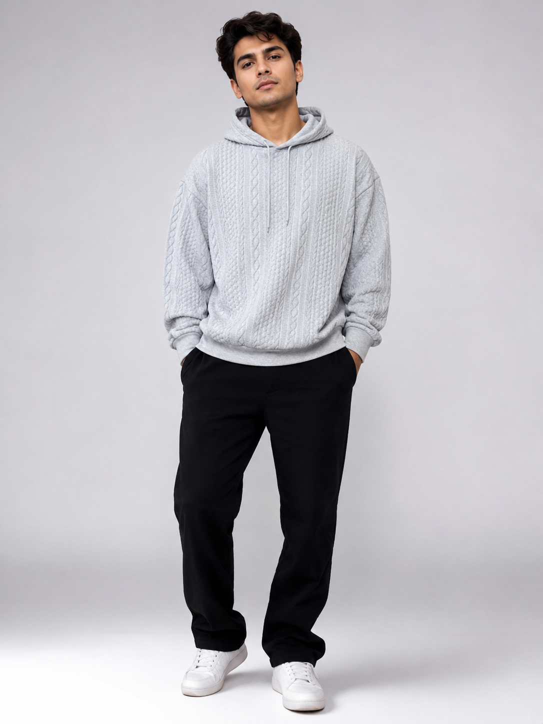  the ReServed Men’s Light Grey Cable Knit Hoodie in UK XXL, featuring a stylish textured knit design, drawstring hood, long sleeves and a relaxed casual fit.