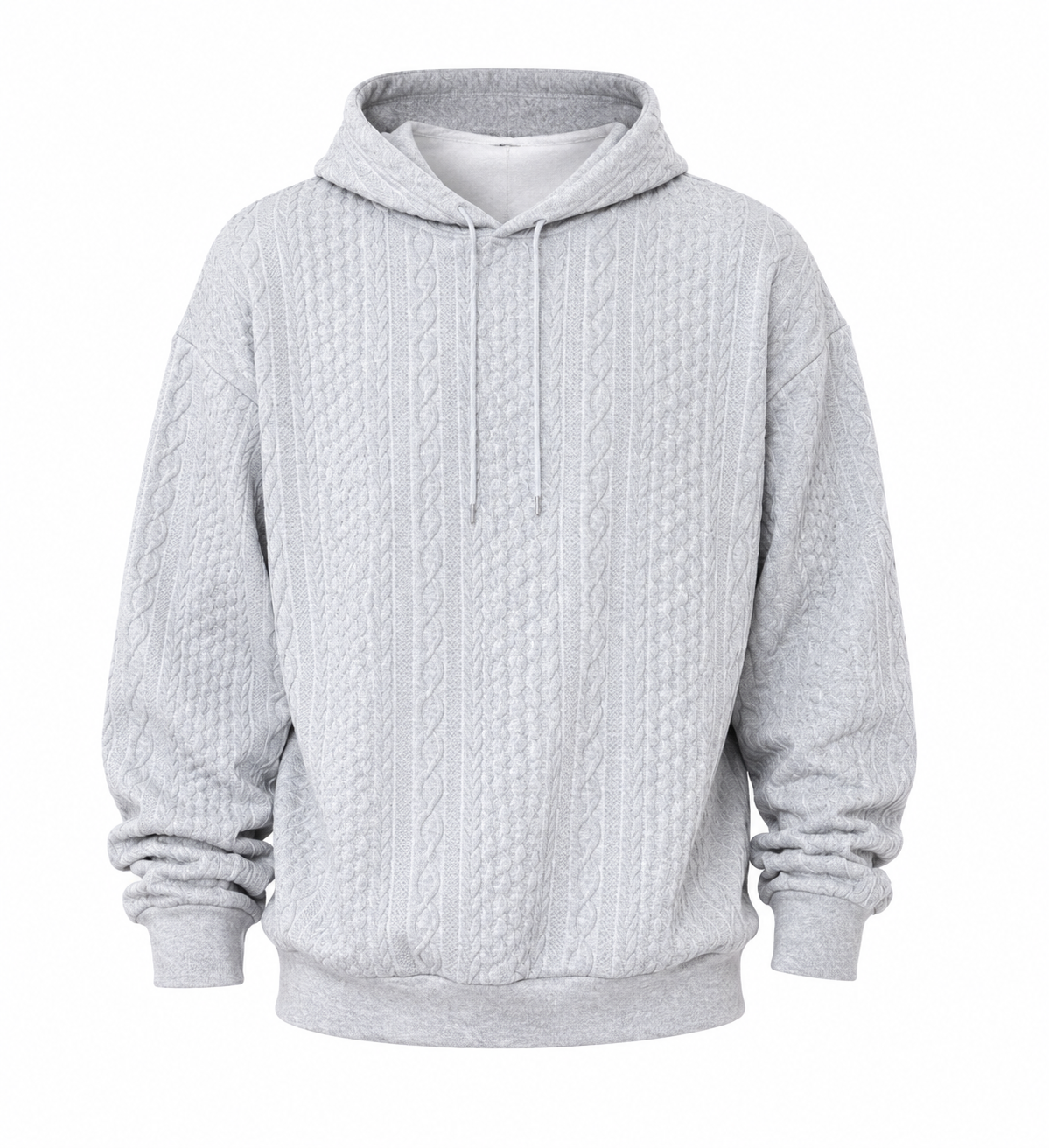  the ReServed Men’s Light Grey Cable Knit Hoodie in UK XXL, featuring a stylish textured knit design, drawstring hood, long sleeves and a relaxed casual fit.